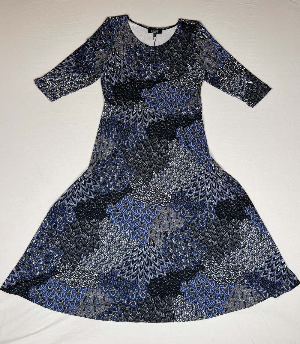 LBisse Blue Black Patterned Three-Quarter Sleeve Knit Midi Dress XL